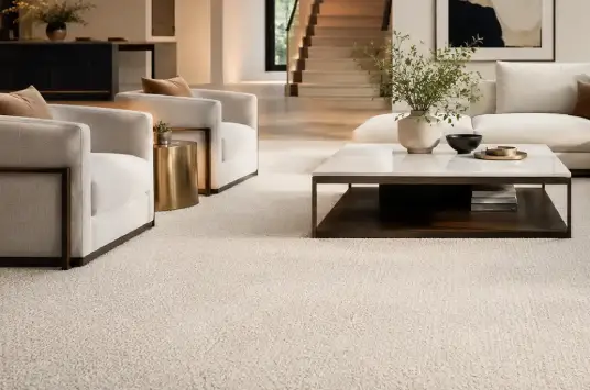 living room with modern furniture and light brown carpet floor example
