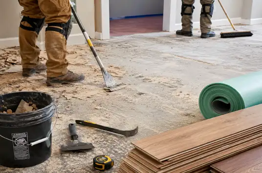 workers preparing the floor for new laminate flooring installation by removing the old floor