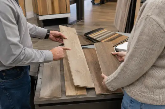 salesman helping a customer choose from laminate flooring products